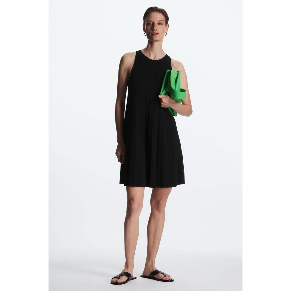 COS Pleated A Line Mini Dress Ribbed Knit Sleeveless Black Minimalist